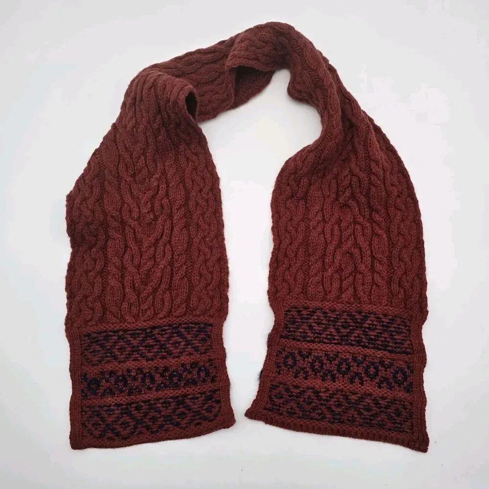 Aran Crafts Scarf Wool Orange Red Rust Navy Blue Cable Knit Rectangle Boho